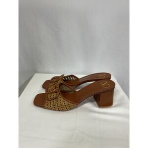 Valentino Garavani 'Vlogo 60' Tan Embellished Raffia And Leather Mules Size 9